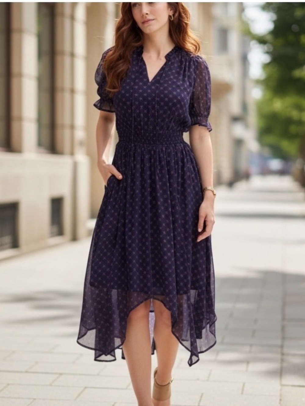 Draper James Navy Printed V-Neck High-Low Midi Dress Bandanna Hem Romantic Sz XS